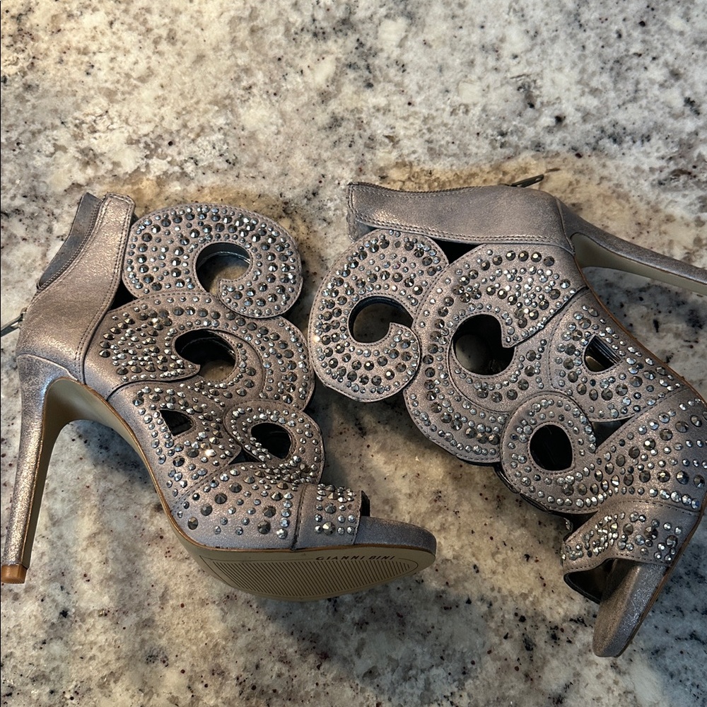 Gianni Bini Merilee silver metallic rhinestone stiletto heel open-toe shooties - Picture 2 of 8